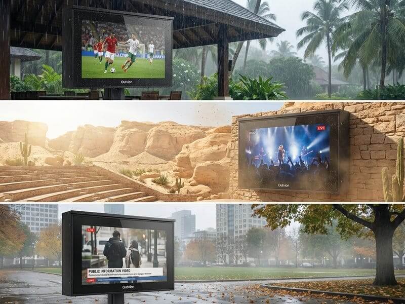 Outdoor stadium weatherproof TV box showing live football match in heavy rain