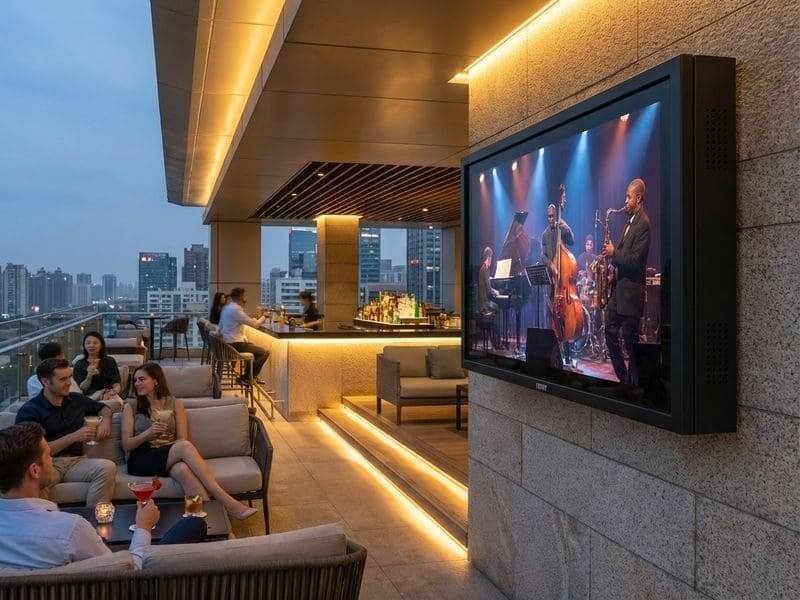 Outdoor tv box installed in the bar of a hotel restaurant