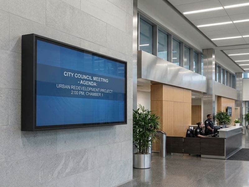 Outdoot tv enclosure installed in the lobby of an office building