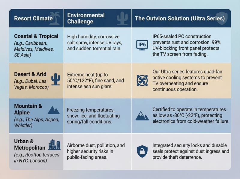 Resort climate guide for waterproof tv enclosure performance in tropical, desert, alpine, and urban environments