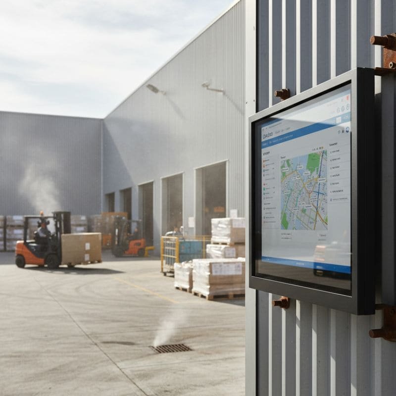 Warehouse Digital Signage Box for logistics data visualization inside large fulfillment center