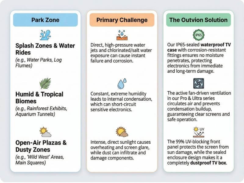 Waterproof outdoor TV box infographic for park zone protection