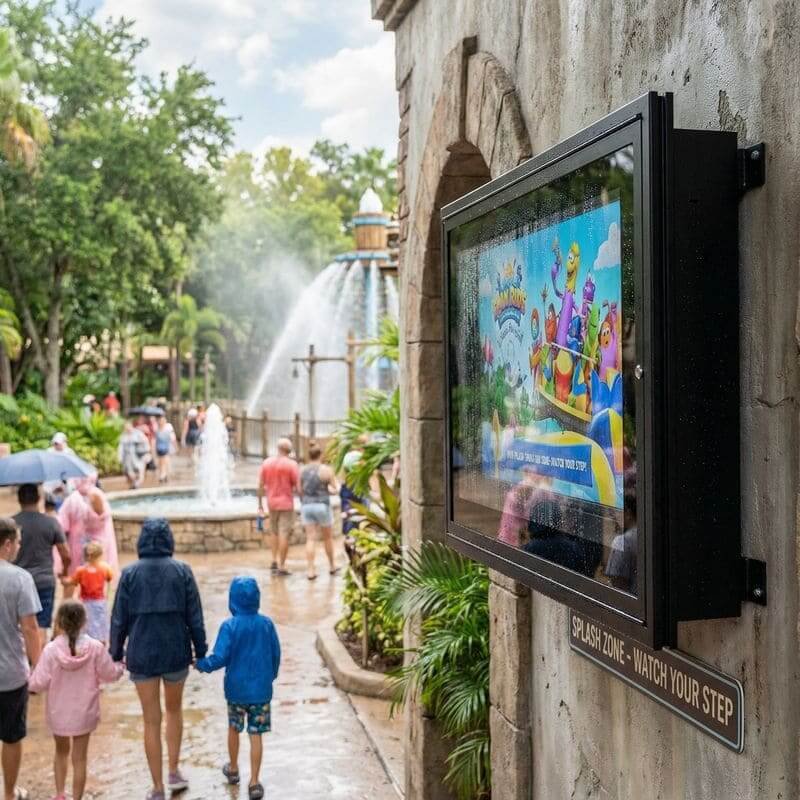 Waterproof outdoor TV case near splash zone walkway