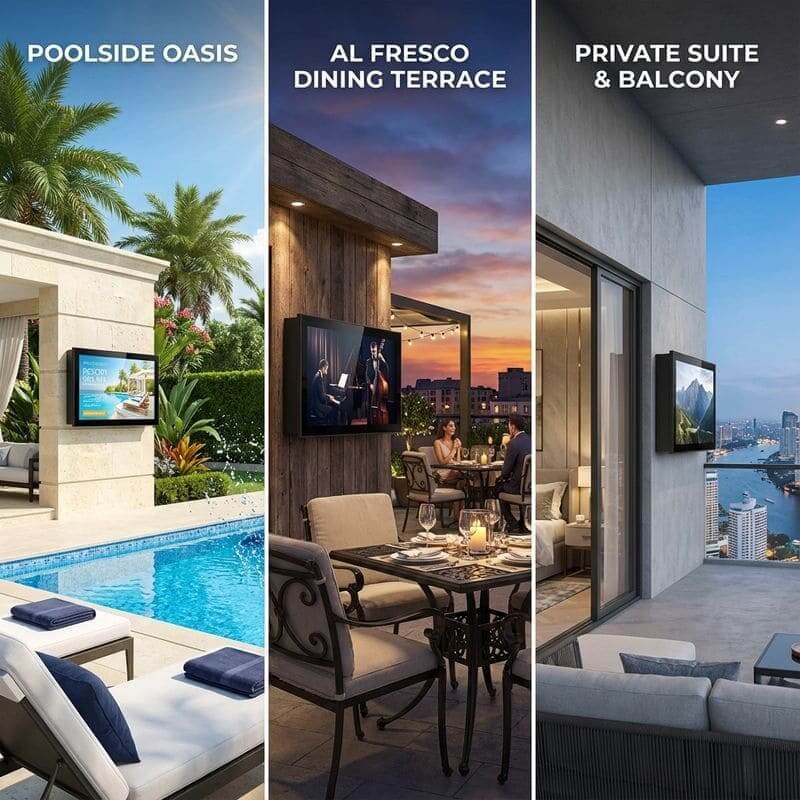 Waterproof tv enclosure for hotel poolside, outdoor dining terraces, and private balconies