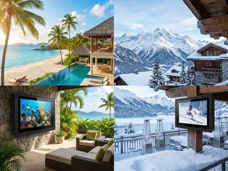 Waterproof tv enclosure for hotels and resorts in tropical beaches and alpine snow regions