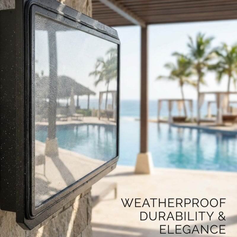 Waterproof tv enclosure with sleek design for upscale hotel outdoor entertainment