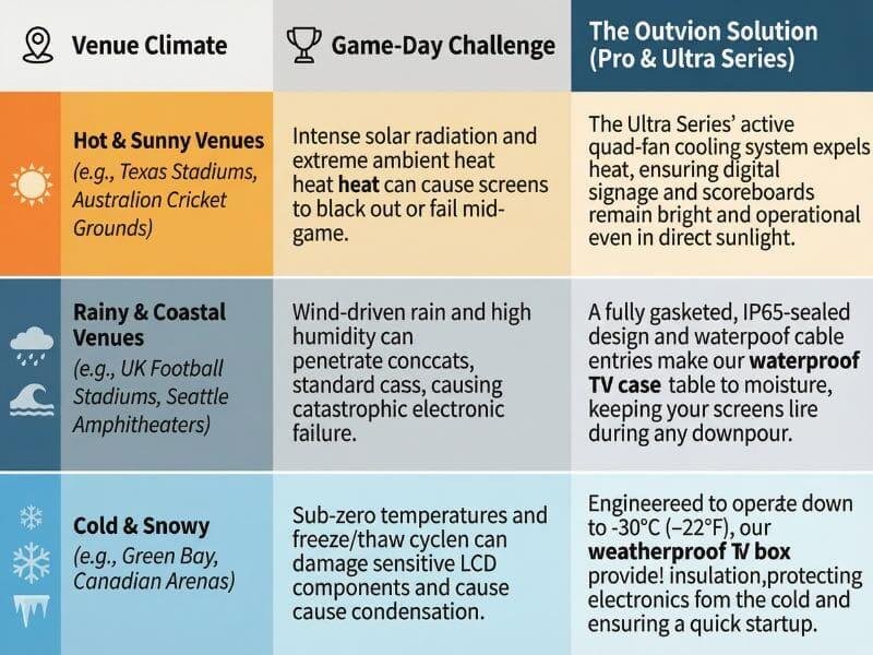 Weatherproof TV box application guide for hot, rainy and cold stadium environments