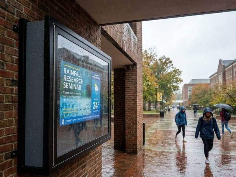 Weatherproof outdoor TV enclosure displaying campus announcements in rainy university walkway