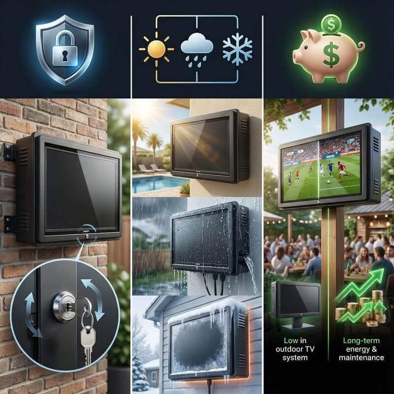 Weatherproof outdoor TV enclosure with lockable cabinet, designed for rain, sun, snow and long-term outdoor installations in residential and commercial environments