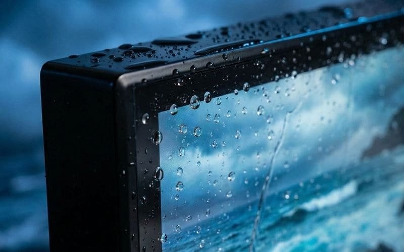 Weatherproof outdoor TV enclosure with waterproof sealed frame and rain protection.