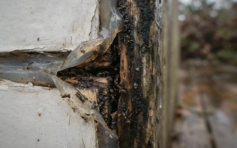 Close-up of rotten wooden cabinet corner with moisture damage and insect infestation, showing risks of non-sealed outdoor TV housing