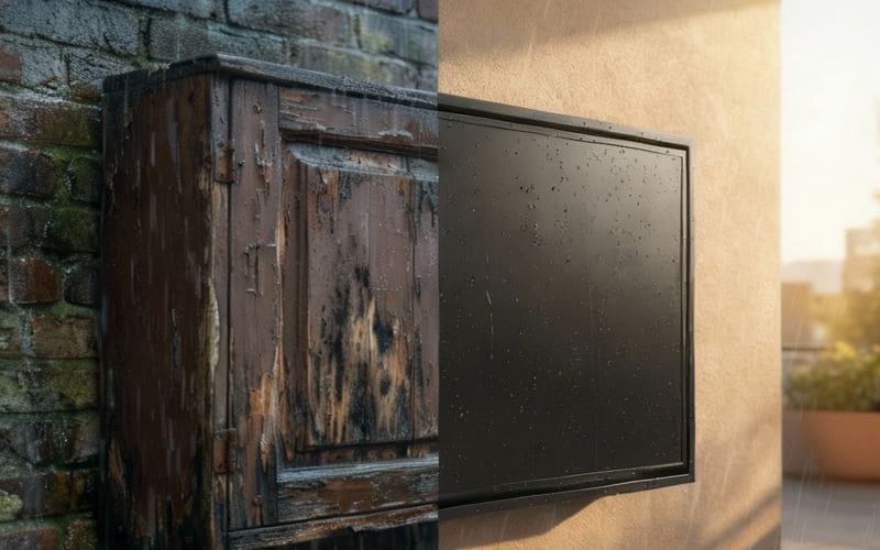 Comparison between DIY wooden cabinet and industrial-grade outdoor TV enclosure, highlighting durability and all-weather protection