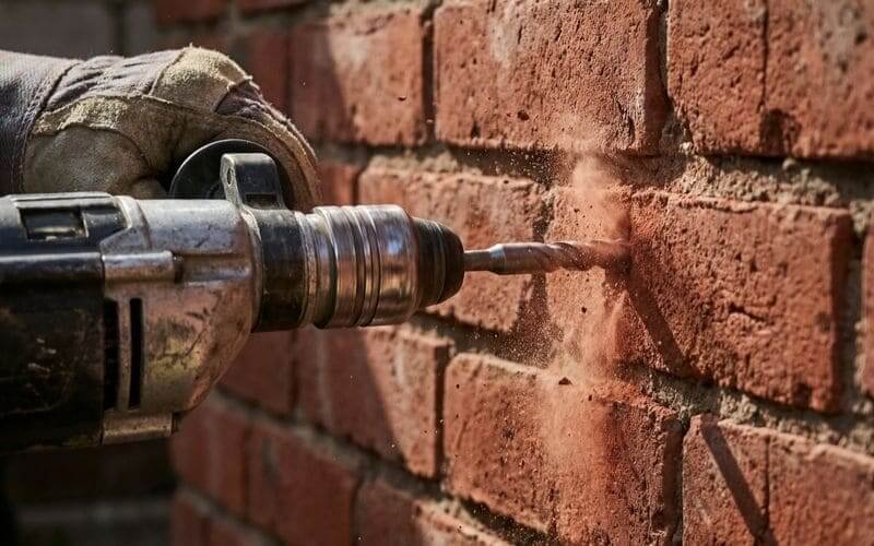 Drilling brick wall for weatherproof outdoor TV enclosure mounting installation
