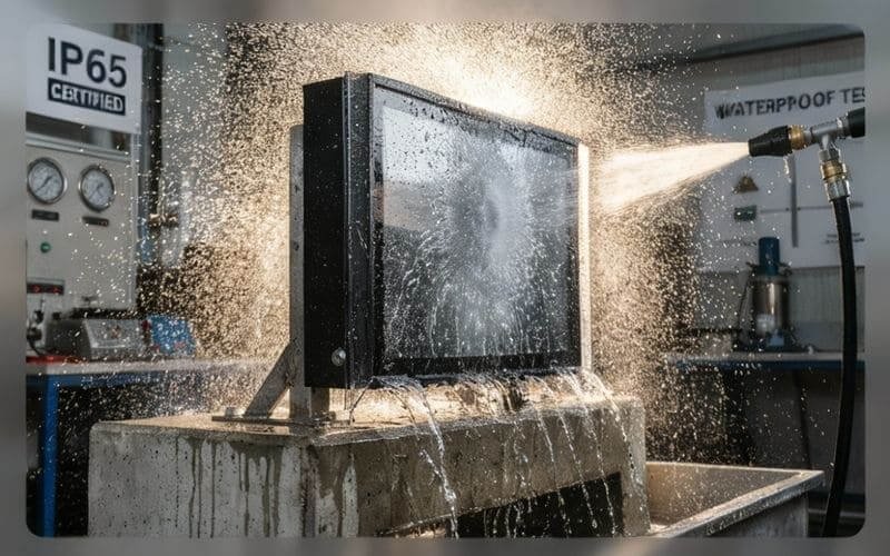 IP65 waterproof TV cabinet under high-pressure spray test, industrial-grade outdoor TV enclosure for rain and storm environments