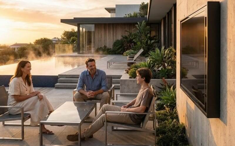 Modern luxury patio with Outvion outdoor TV enclosure installed on villa wall, weatherproof entertainment setup for premium outdoor living
