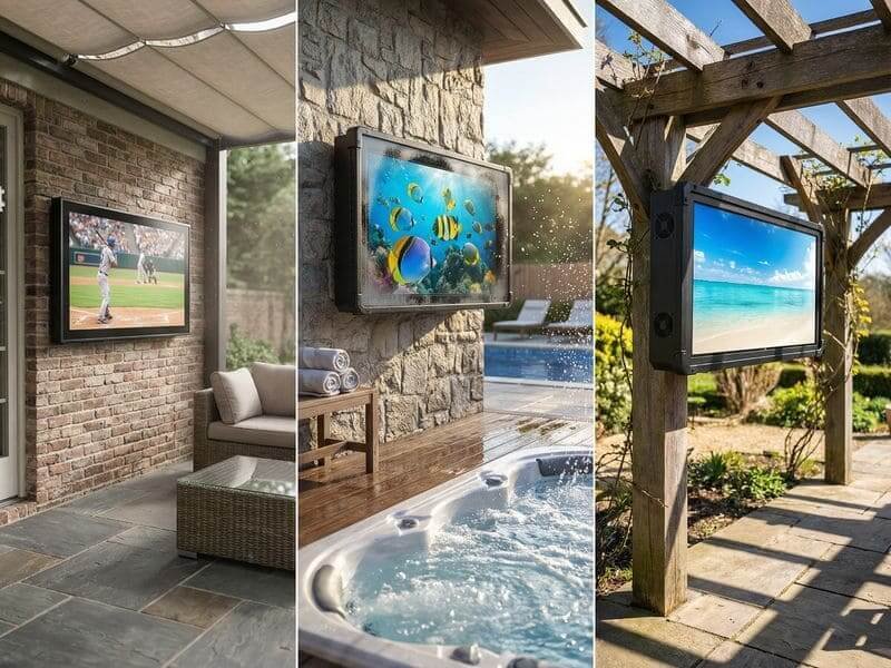 outdoor TV enclosure for patio, hot tub and pergola backyard setups