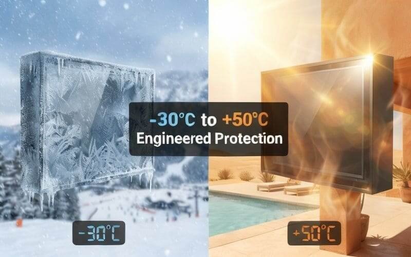 Custodia per TV da esterno progettata per temperature estreme da -30°C a +50°C, protezione resistente alle intemperie per installazioni in patio e in climi freddi