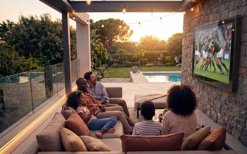 Outdoor TV enclosure for backyard patio family entertainment, weather-protected outdoor TV setup