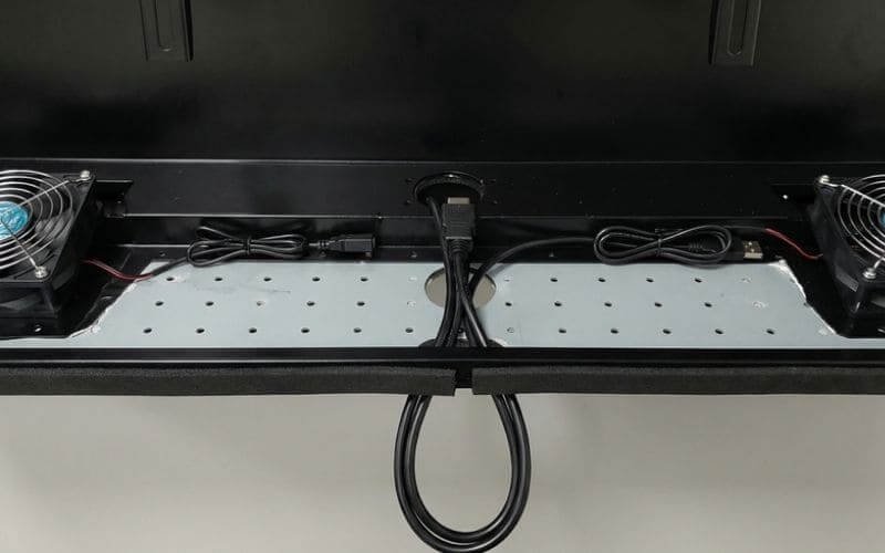Outdoor TV enclosure internal cable routing and dual-fan cooling design
