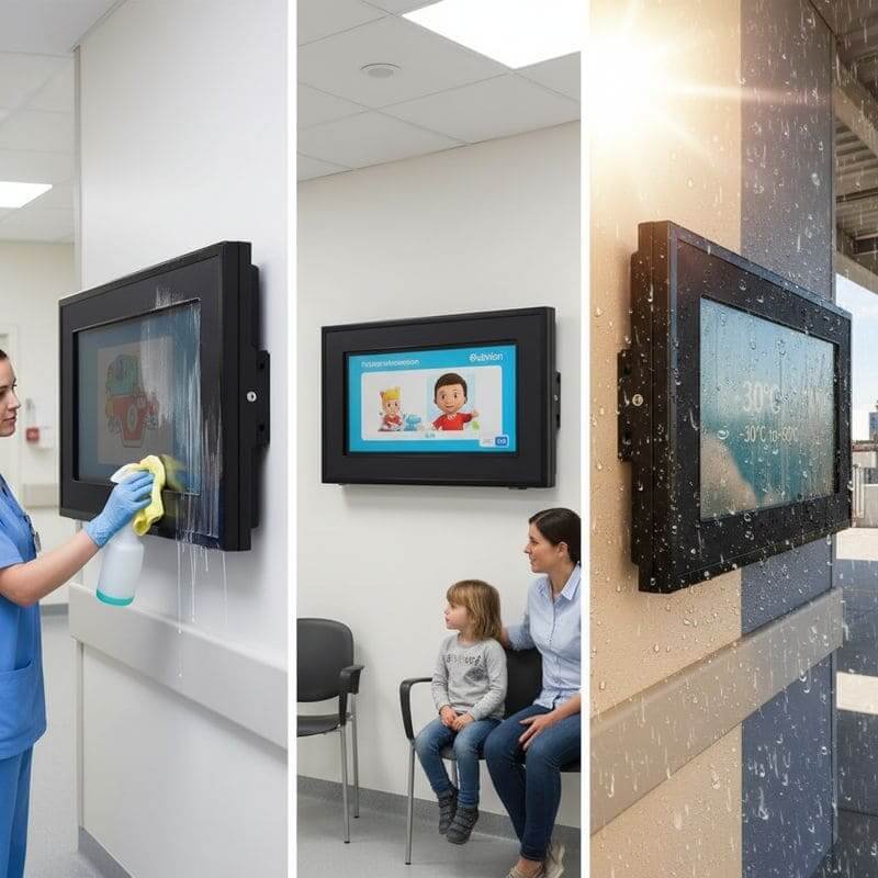 Outdoor tv enclosure used in hospitals for easy cleaning, patient waiting areas, and rain protection