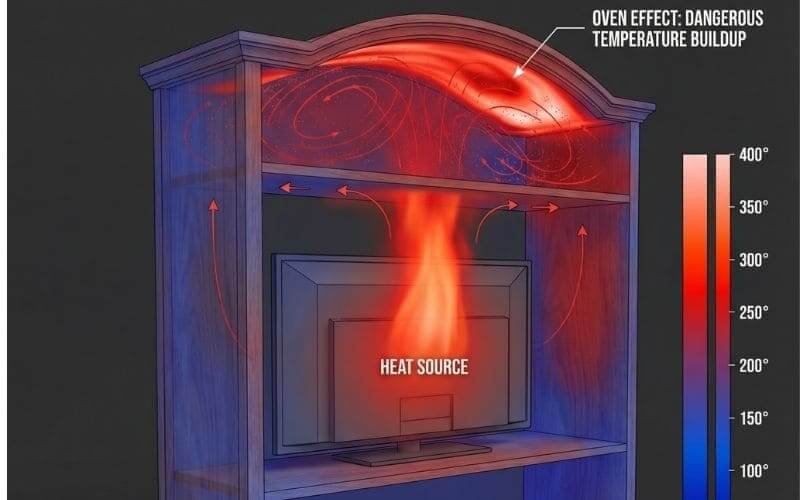 Thermal heat buildup inside wooden TV cabinet, illustrating unsafe temperature rise compared to ventilated outdoor TV enclosure