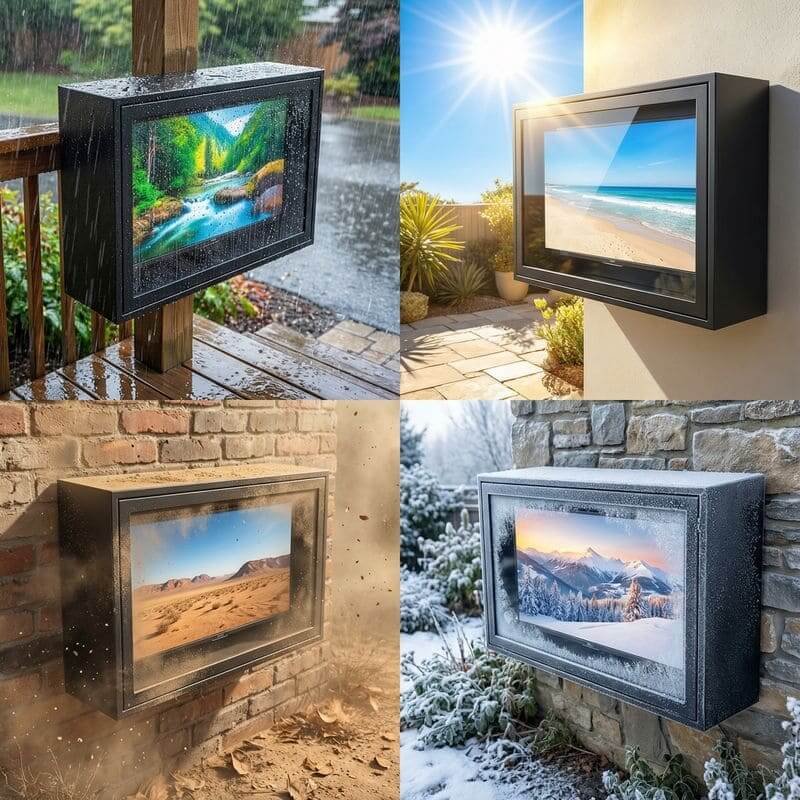 weatherproof outdoor TV enclosure for rain, sun, dust and snow climates