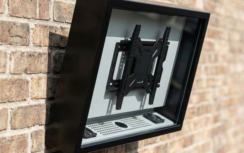 Weatherproof TV enclosure interior mount and cooling system for outdoor installation