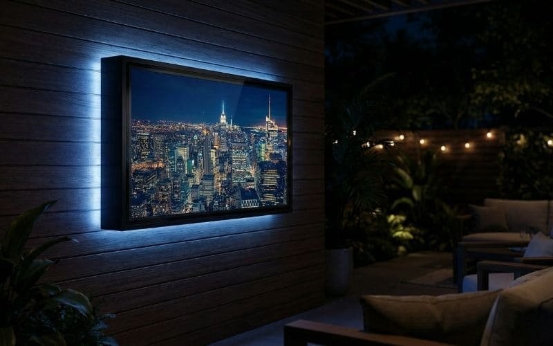Backlit outdoor TV enclosure displaying city skyline for nighttime patio entertainment