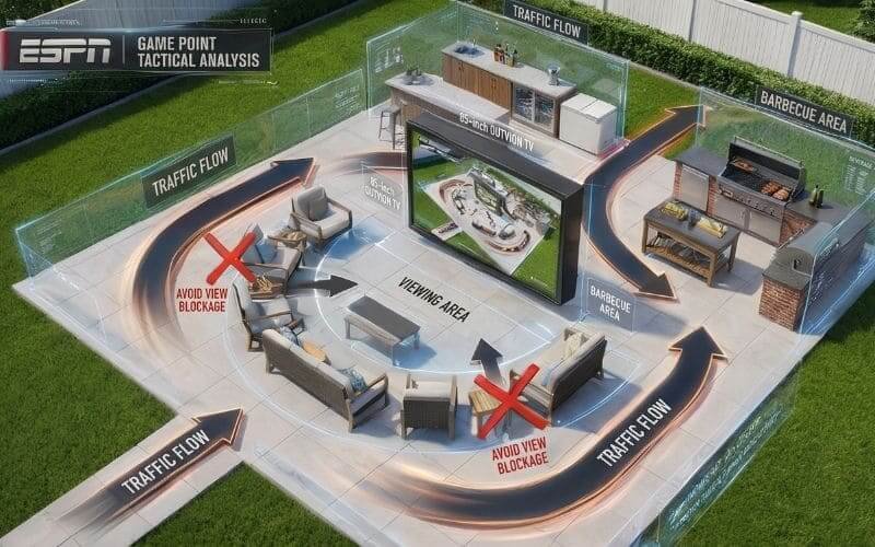 Backyard party layout with outdoor TV enclosure showing optimal viewing area, traffic flow, and BBQ zone for sports entertainment