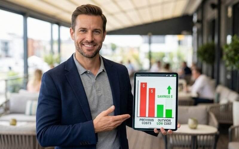 Bar owner showing ROI savings chart comparing traditional outdoor displays vs outdoor TV enclosure investment for higher patio revenue