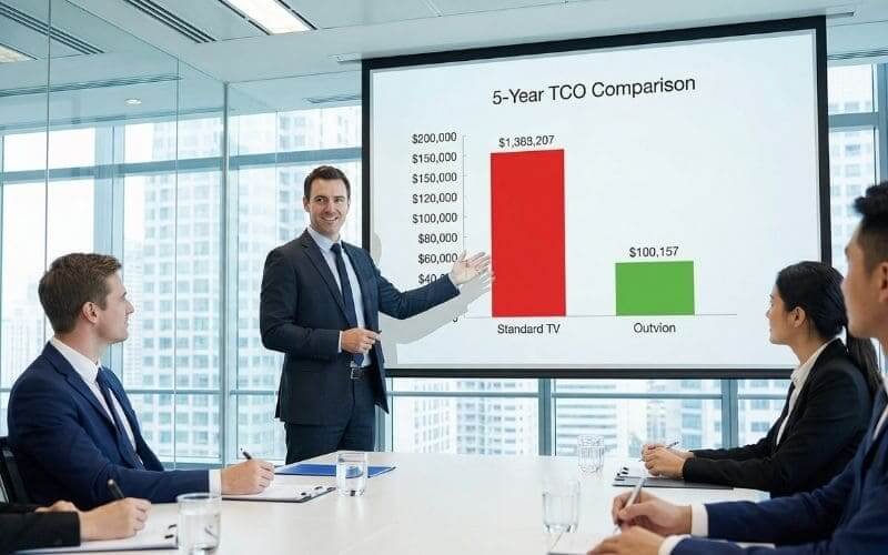 標準テレビと比較して、Outvion 屋外テレビ エンクロージャを使用した場合の 5 年間の TCO 削減を示すビジネス プレゼンテーション