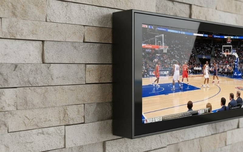 Close-up of outdoor TV enclosure mounted on natural stone wall, flush frame design for high-end exterior spaces