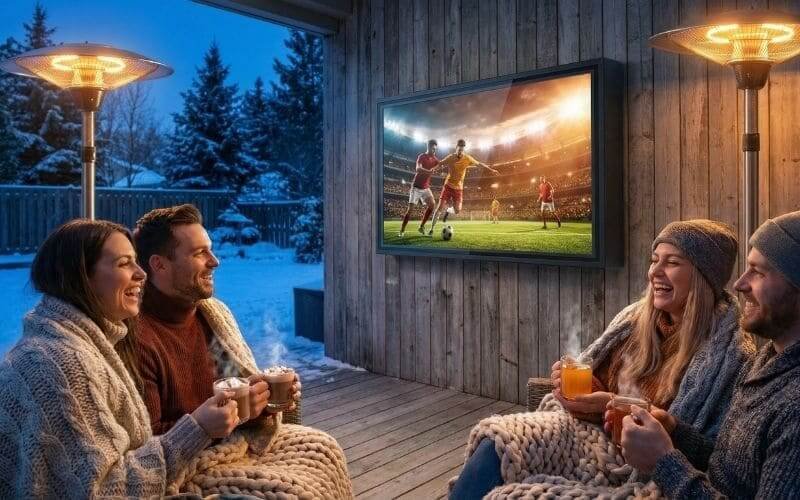 Cozy winter backyard setup with heated patio and 85 inch outdoor TV enclosure for comfortable outdoor football watching