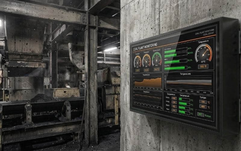 Dulkių nepraleidžiantis pramoninio monitoriaus korpusas, sumontuotas anglies gamyklos valdymo zonoje proceso duomenų ir saugos stebėjimui