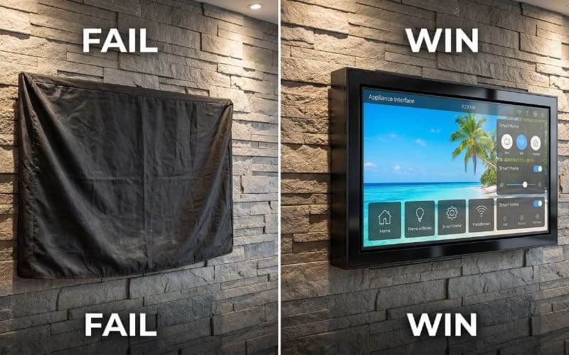Fabric TV cover vs hard outdoor TV enclosure visual comparison,