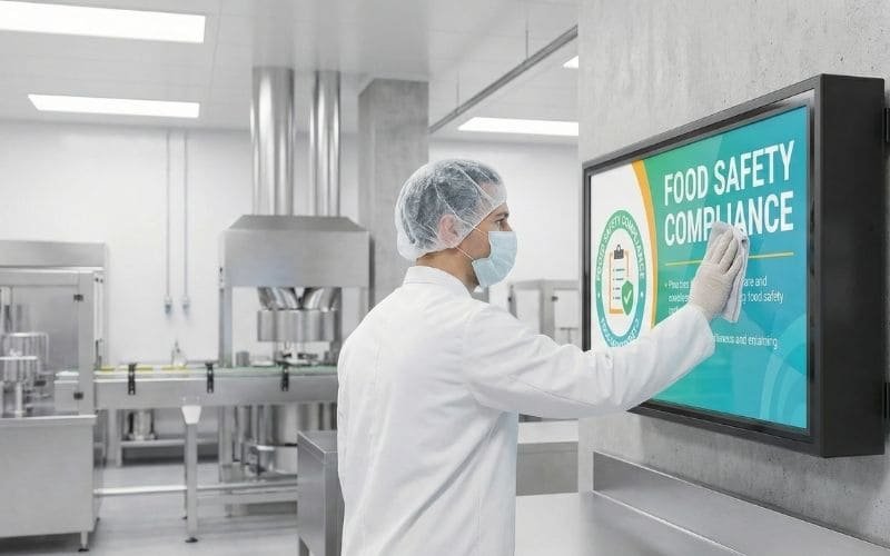 Higieniškas pramoninis ekranas, skirtas maisto gamyklos atitikties ir saugos proceso vizualizavimui