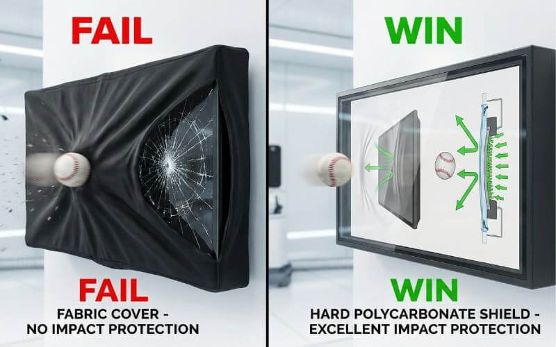 Impact protection comparison between fabric TV cover and hard outdoor TV enclosure