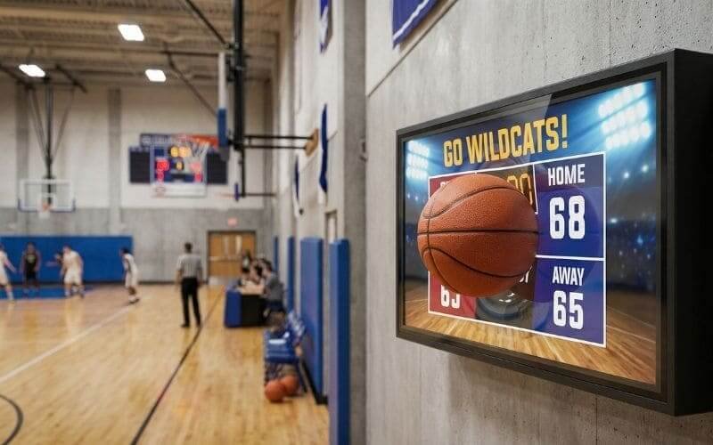 display digital escolar interno dentro do gabinete de proteção da TV mostrando o placar de basquete ao vivo