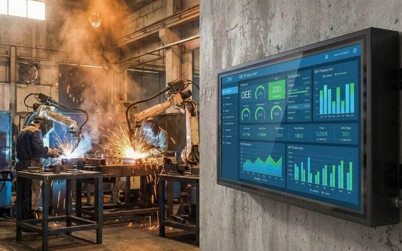 Pramoninis lauko televizoriaus korpusas, naudojamas didelės apkrovos gamybos ceche, skirtas gamybos stebėjimui realiuoju laiku