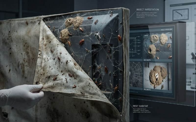 Insect infestation inside fabric TV cover, showing nests, insects, and debris caused by poor sealing and ventilation