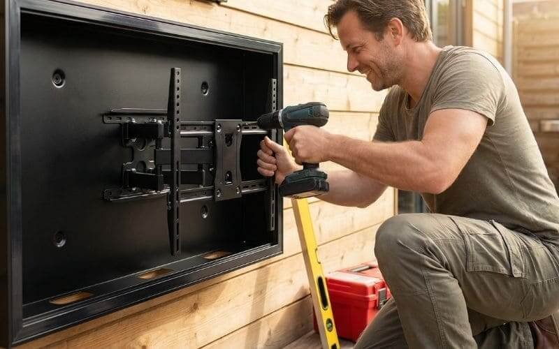 Installing a weatherproof outdoor TV enclosure with VESA mount on a wooden patio wall