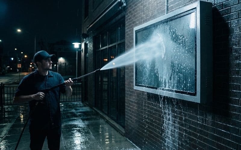 IP65 weatherproof outdoor TV enclosure being pressure-washed for easy cleaning and maintenance