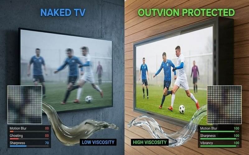 Porównanie wydajności LCD w ujemnych temperaturach, nagi telewizor z obudową telewizora zewnętrznego Outvion, klarowność obrazu w niskich temperaturach