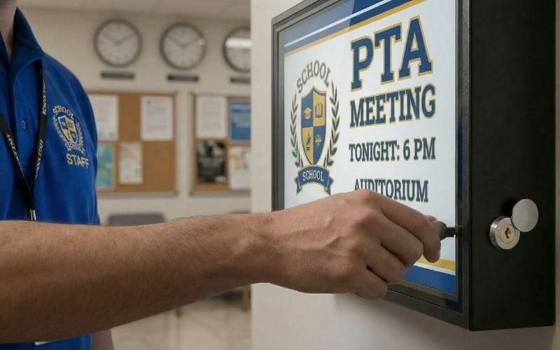 gabinete de sinalização digital com chave para anúncios no campus da escola e avisos de reuniões do PTA