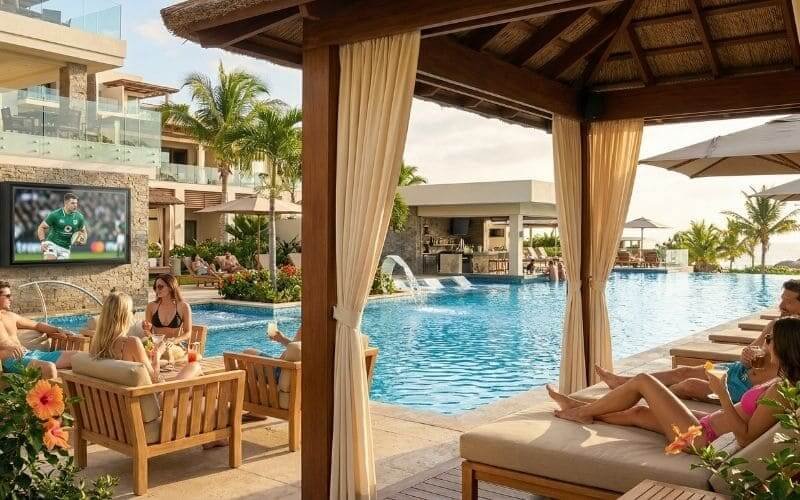 Luxury resort pool area with outdoor TV enclosure — weatherproof entertainment system for hotels and villas