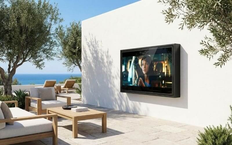 Minimalist white stucco wall with recessed outdoor TV enclosure for modern luxury patio entertainment