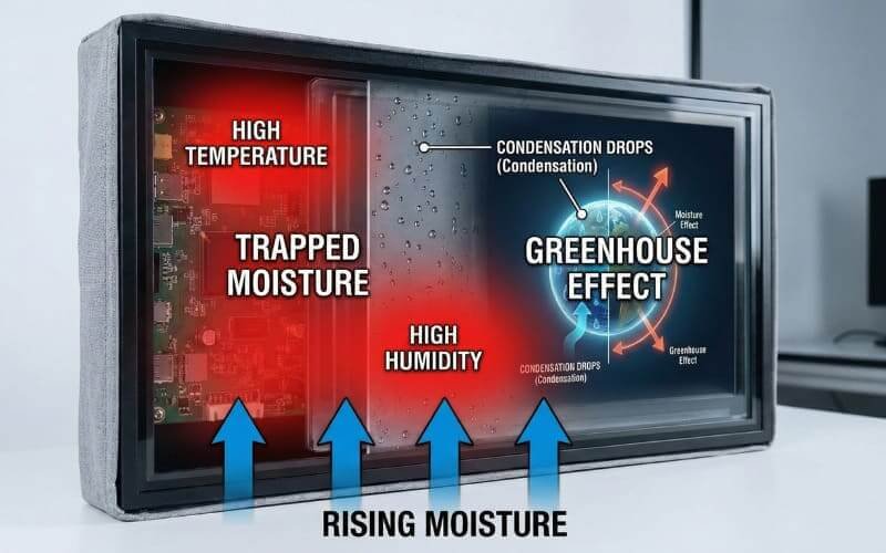 Moisture buildup inside fabric TV cover diagram, showing trapped humidity, condensation, and greenhouse effect damaging the TV