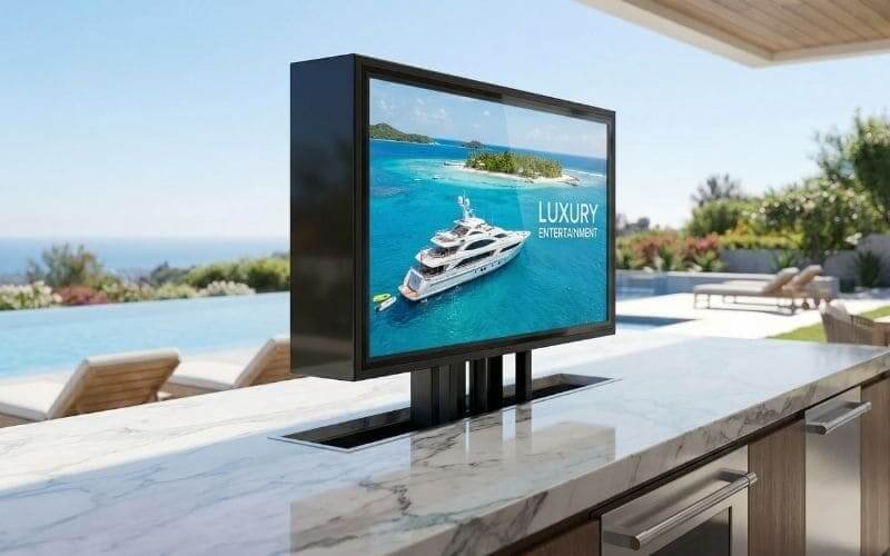 Motorized pop-up outdoor TV enclosure integrated into luxury outdoor kitchen island with weatherproof protection