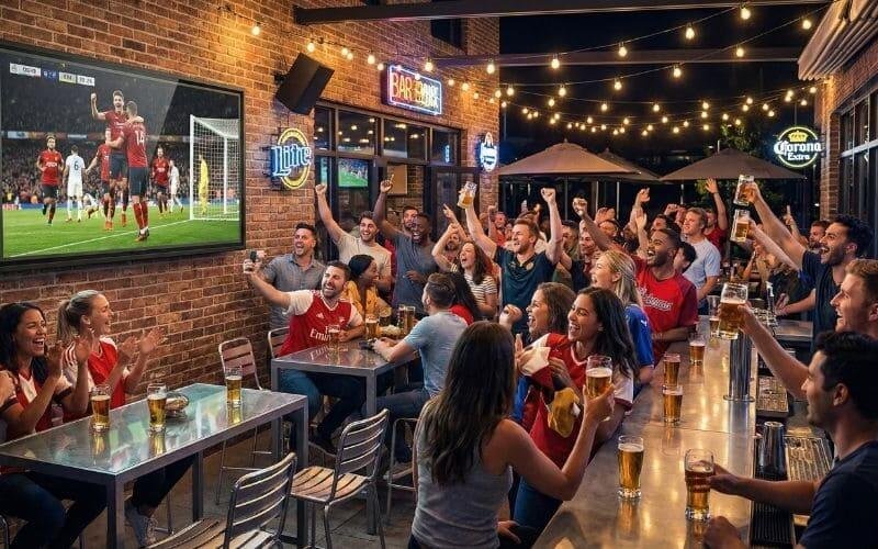 Outdoor bar patio packed with sports fans watching a game on a weatherproof outdoor TV, boosting customer engagement and drink sales