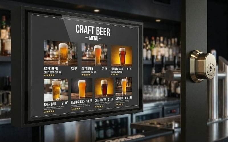 Outdoor digital beer menu display in protective TV enclosure increasing upsell conversions and customer orders